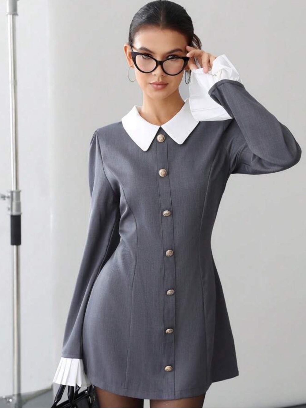 Classic Grey Button-Front Mini Dress with White Collar